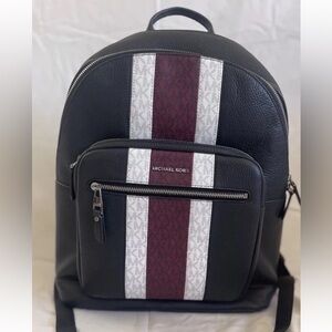 Michael Kors Hudson Logo Stripe Black Pebbled Leather Backpack NWT RARE